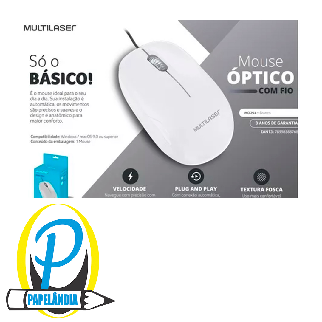 Mouse Com Fio Mid 1200dpi Conexão Usb Cabo de 120cm 3 Botões Textura Fosca Branco - MO294 - Multilaser