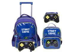 Kit Escolar Mochila de Rodinhas Lancheira e Estojo Game Boy Azul Sortido - Yins