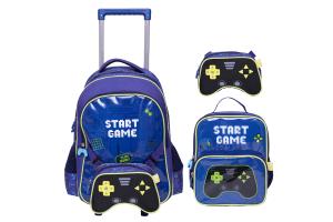 Kit Escolar Mochila de Rodinhas Lancheira e Estojo Game Boy Azul Sortido - Yins